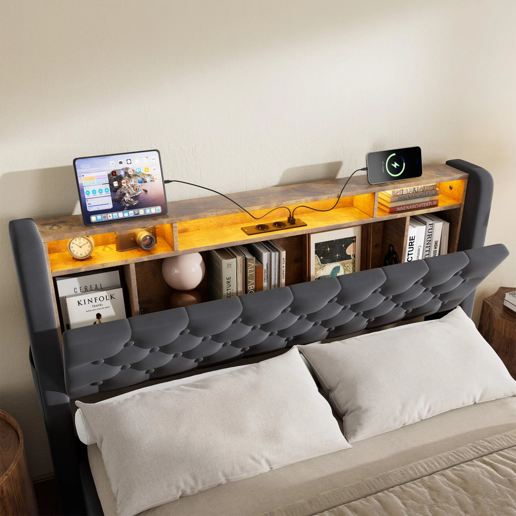 LETTO Imbottito 140 x 200 cm in Velluto Grigio con LED, USB e Contenitore