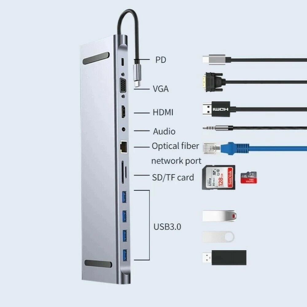 Trade Shop - Hub 11 In 1 Usb Type C Adattatore Con Hdmi 4k Vga Ethernet Lan Sd Audio Pd Hu990 -