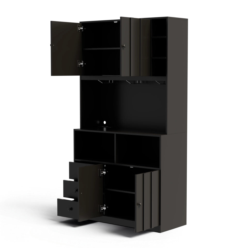 Credenza alta con vetrina, prese USB e RGB LED, per cucina e sala da pranzo, in MDF nero, 100 × 40 × 180 cm