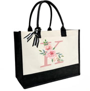 Borsa personalizzata di canapa con tasca interna con cerniera, doppia cintura a spalla, sacchetto di juta con monogramma per uso quotidiano e viaggi, lettera K rosa, unico modello.
