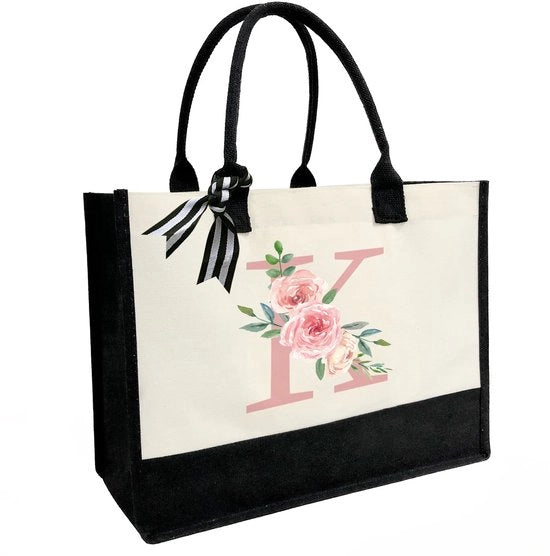Borsa personalizzata di canapa con tasca interna con cerniera, doppia cintura a spalla, sacchetto di juta con monogramma per uso quotidiano e viaggi, lettera K rosa, unico modello.