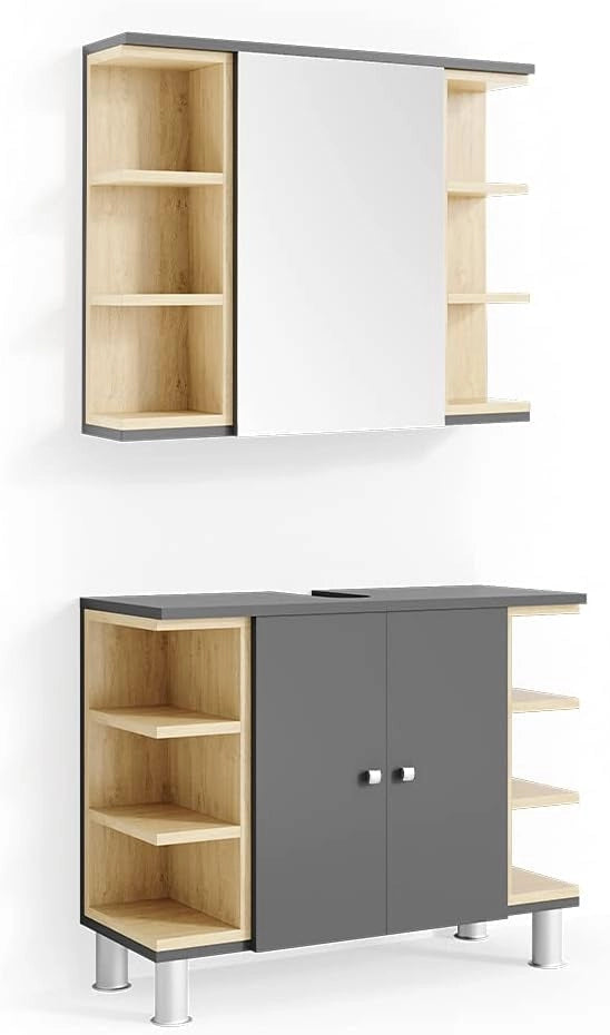 Set mobili bagno Aquis, Antracite, 79.6 cm, composto da specchio da bagno e mobile sottolavabo