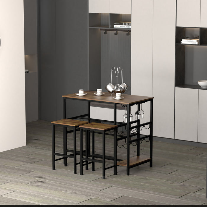 EasyComfort Set Tavolo 2 Sgabelli Alti da Bar in Legno Isola Cucina con Portabottiglie e Portabicchieri in Stile Industriale
