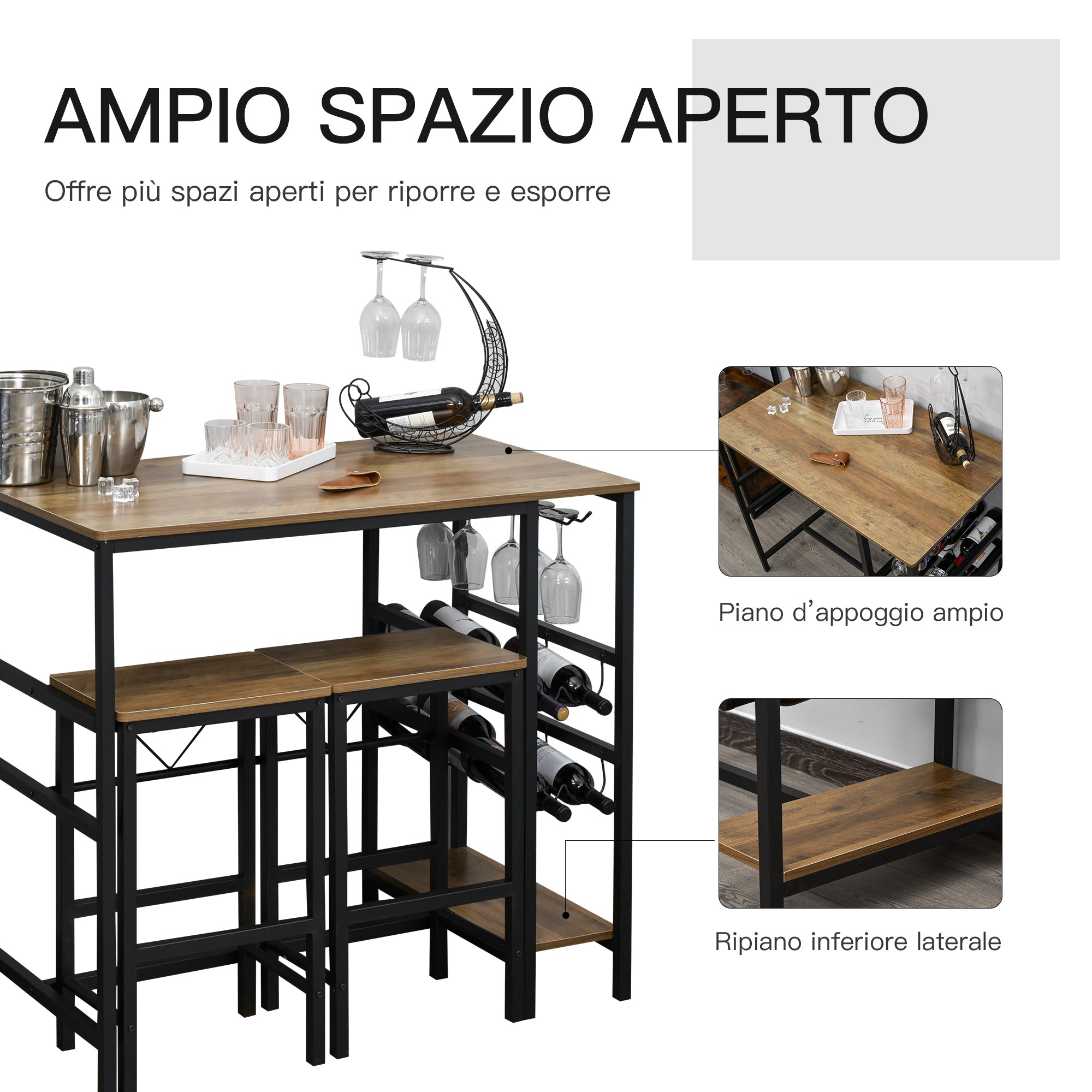 EasyComfort Set Tavolo 2 Sgabelli Alti da Bar in Legno Isola Cucina con Portabottiglie e Portabicchieri in Stile Industriale