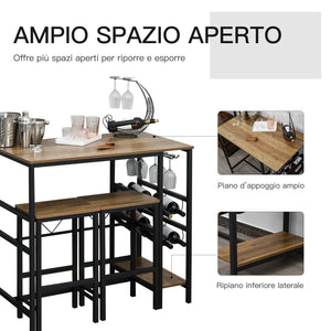 EasyComfort Set Tavolo 2 Sgabelli Alti da Bar in Legno Isola Cucina con Portabottiglie e Portabicchieri in Stile Industriale