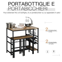 EasyComfort Set Tavolo 2 Sgabelli Alti da Bar in Legno Isola Cucina con Portabottiglie e Portabicchieri in Stile Industriale