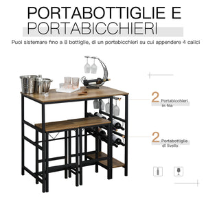 EasyComfort Set Tavolo 2 Sgabelli Alti da Bar in Legno Isola Cucina con Portabottiglie e Portabicchieri in Stile Industriale