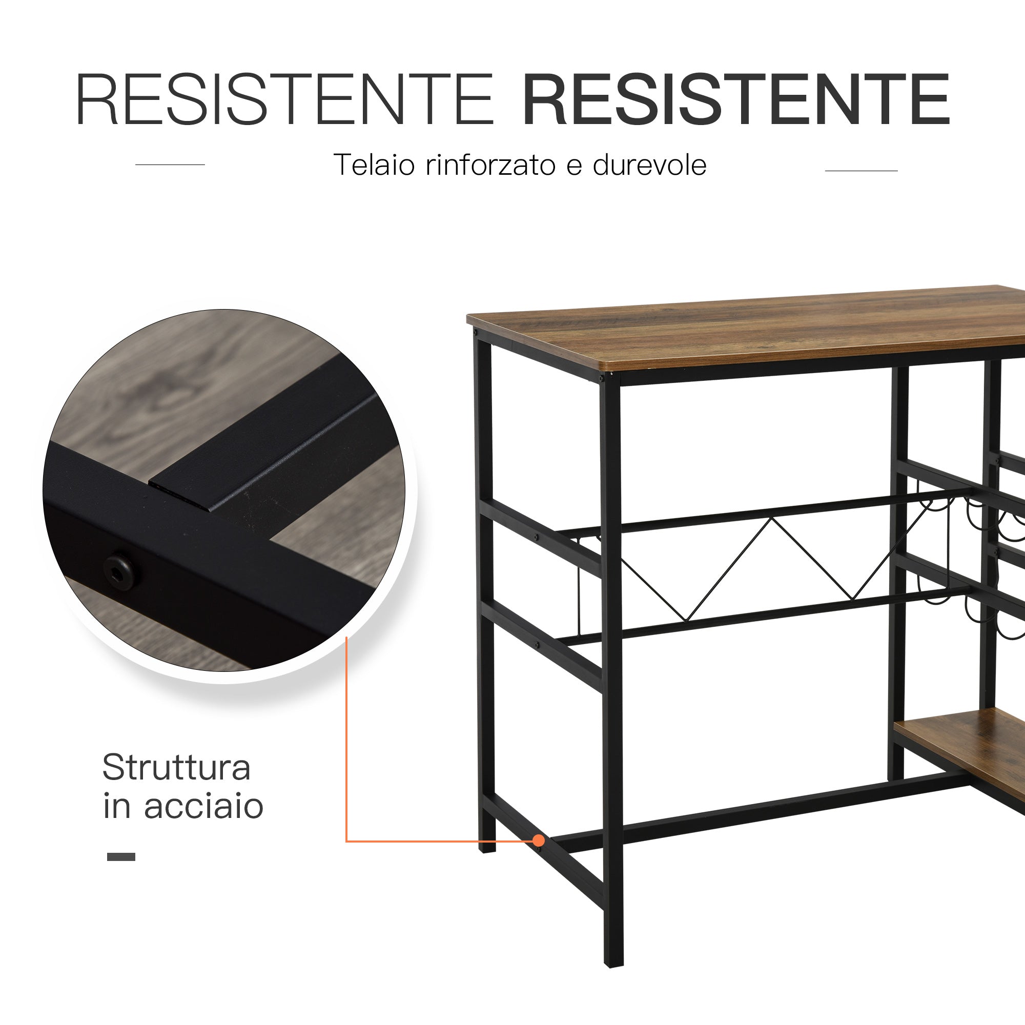 EasyComfort Set Tavolo 2 Sgabelli Alti da Bar in Legno Isola Cucina con Portabottiglie e Portabicchieri in Stile Industriale