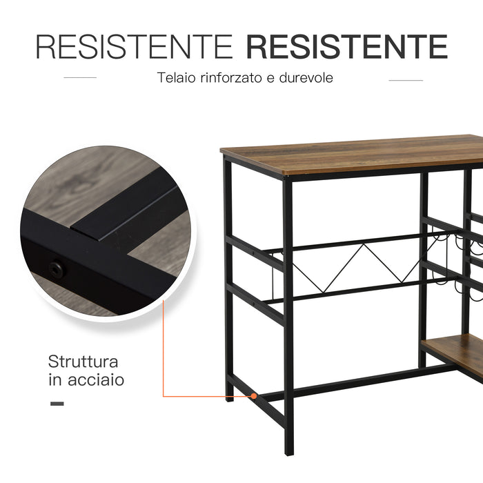 EasyComfort Set Tavolo 2 Sgabelli Alti da Bar in Legno Isola Cucina con Portabottiglie e Portabicchieri in Stile Industriale