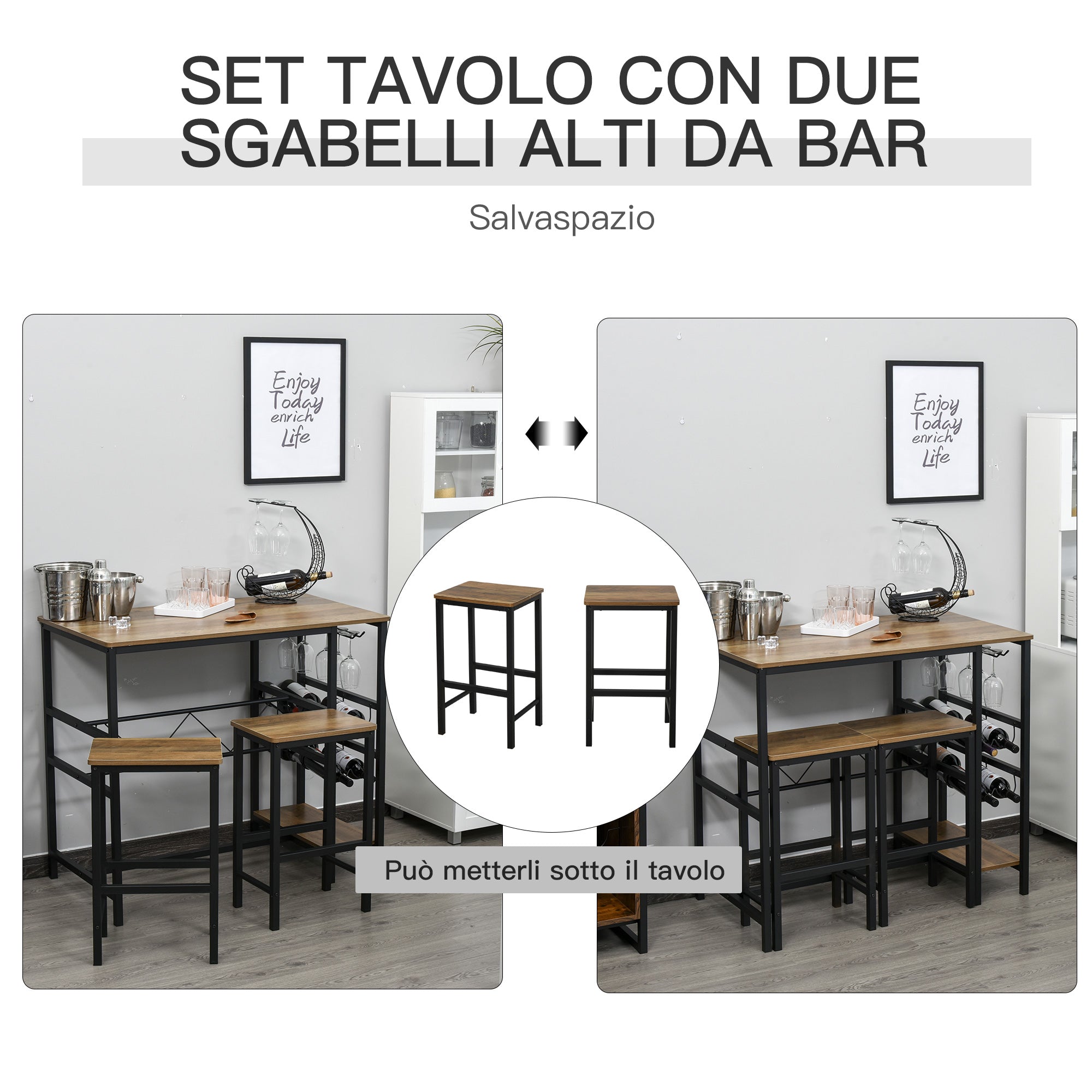 EasyComfort Set Tavolo 2 Sgabelli Alti da Bar in Legno Isola Cucina con Portabottiglie e Portabicchieri in Stile Industriale