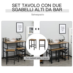 EasyComfort Set Tavolo 2 Sgabelli Alti da Bar in Legno Isola Cucina con Portabottiglie e Portabicchieri in Stile Industriale