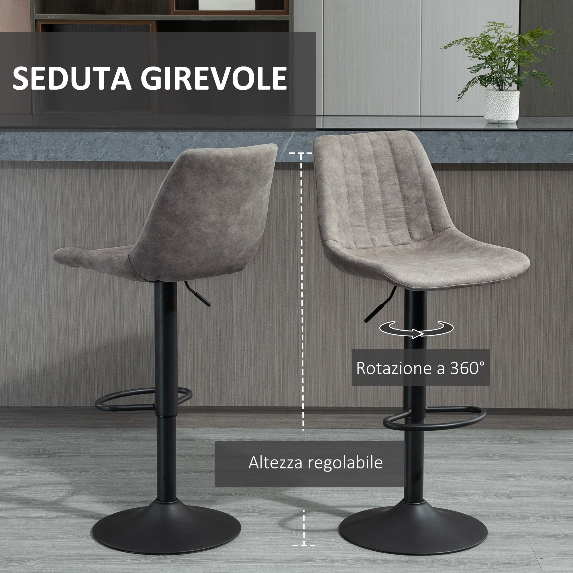 Easycomfort Set 2 Sgabelli da Bar con Schienale, Poggiapiedi e Altezza Regolabile Stile Industriale, Grigio