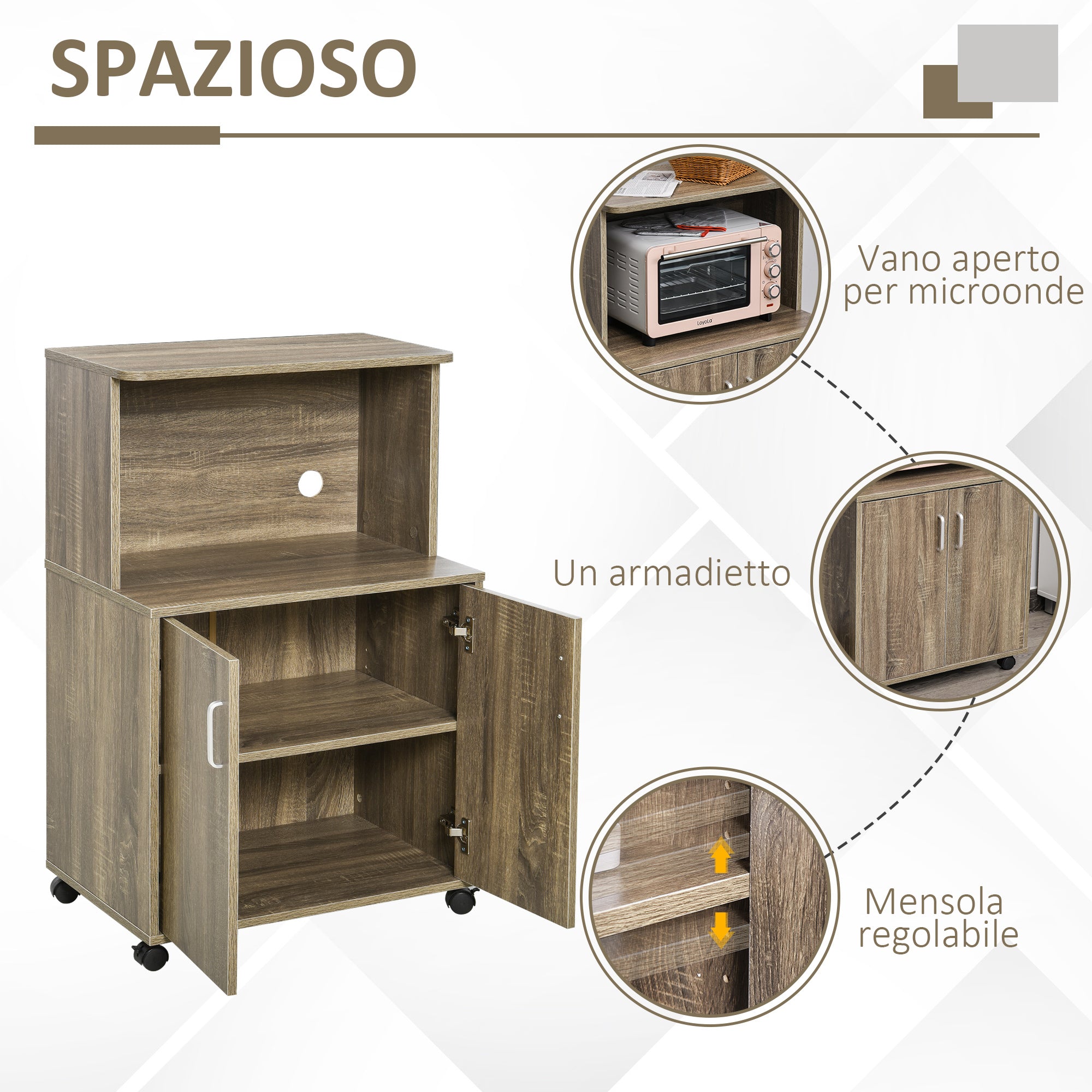 Easycomfort Mobile Cucina Multiuso con 4 Ruote, Armadietto e Ripiano per Microonde, 60.4x40.3x97cm - Grigio