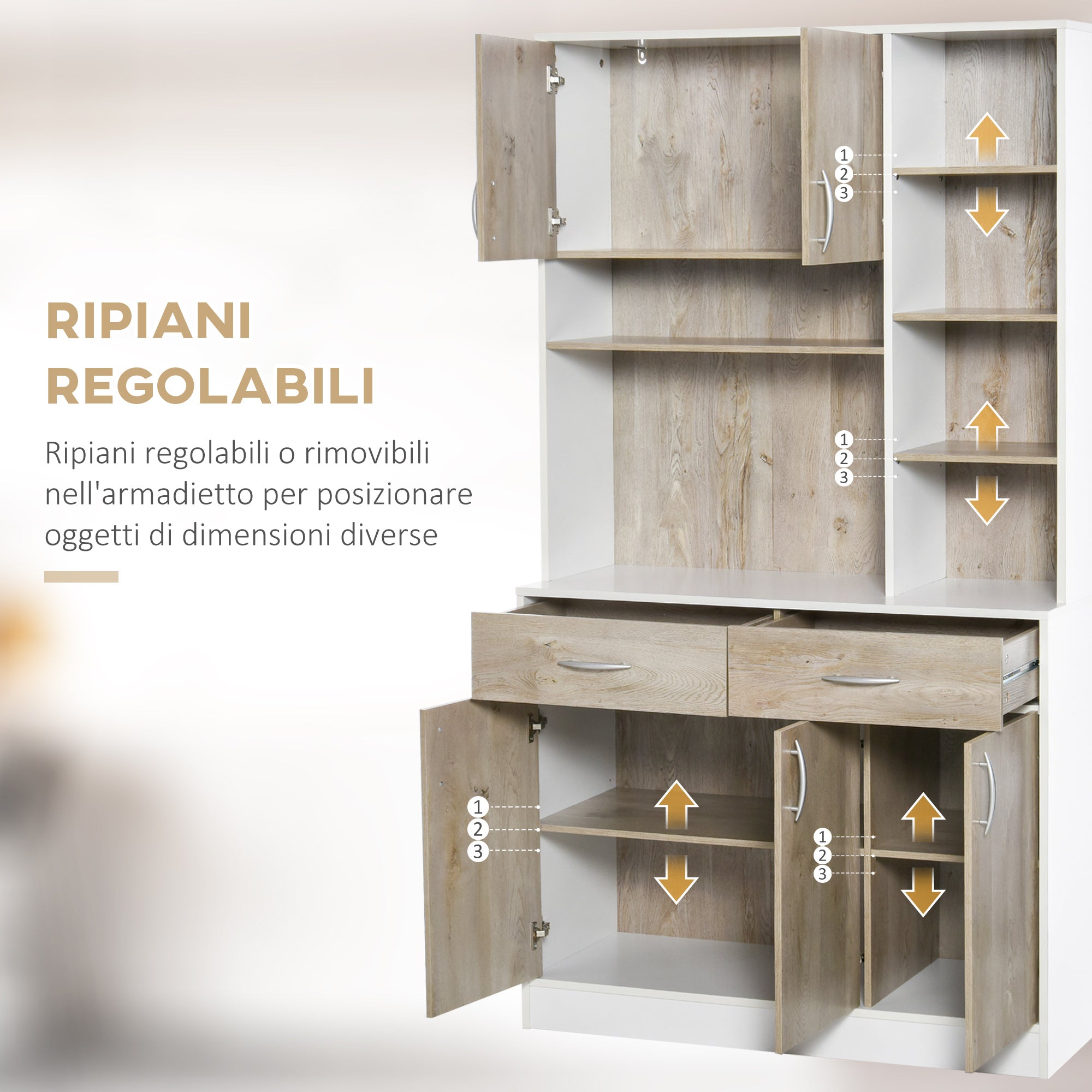 EASYCOMFORT  Mobile Buffet Dispensa Cucina, Bianco e Legno, Ante Cassetti Vani Aperti