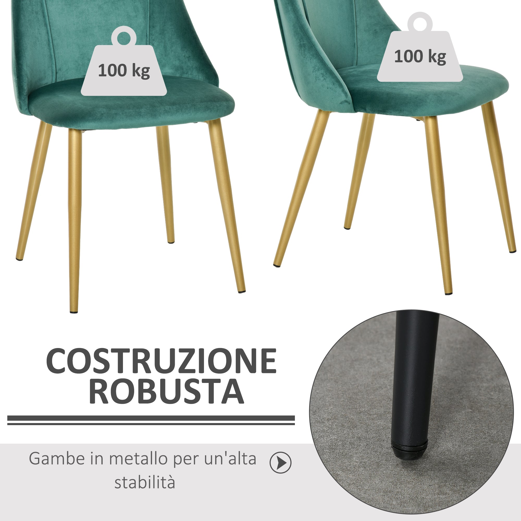 Easycomfort Set 2 Sedie da Pranzo Imbottite Moderne con Rivestimento e Schienale, Gambe in Ferro da Cucina, Salotto o Soggiorno in Stile Moderno, Verde e Nero, 50x56.5x85cm