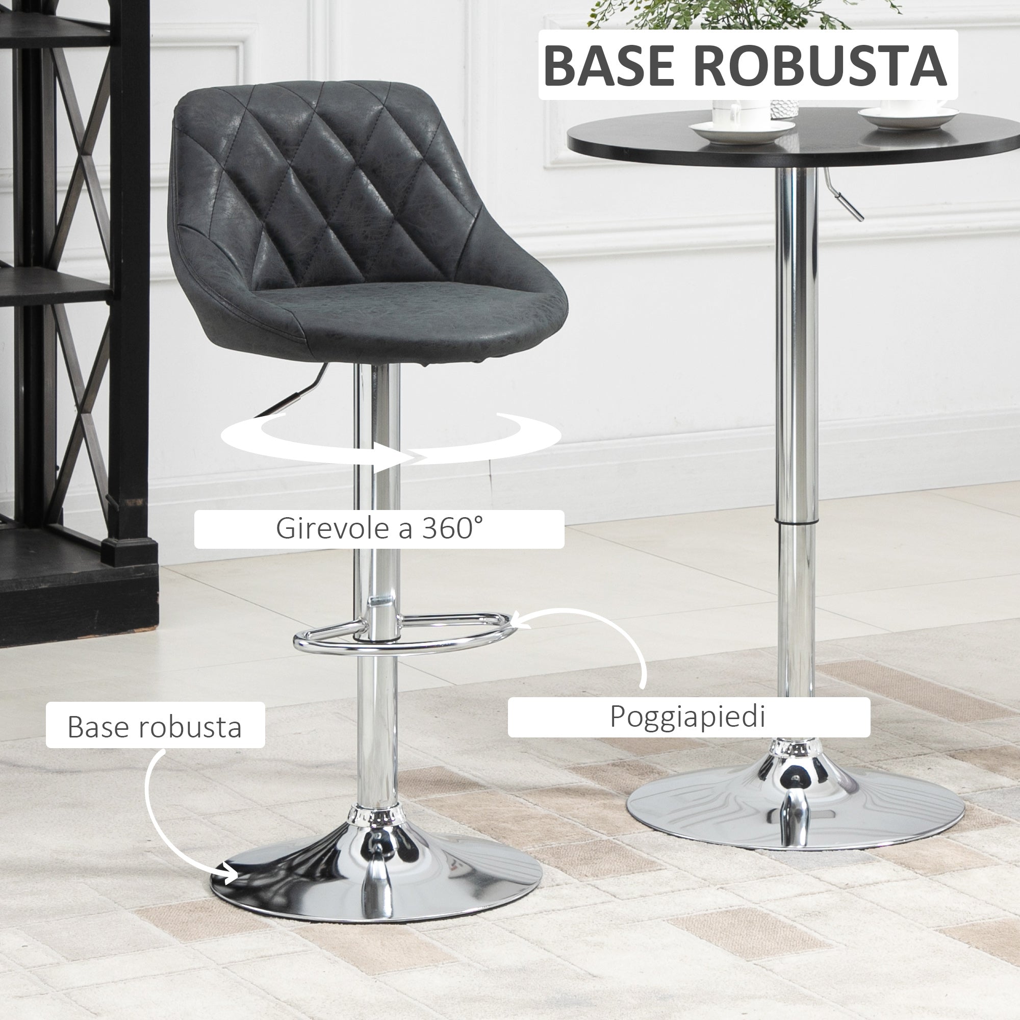 Easycomfort Set 2 Sgabelli da Bar con Altezza Regolabile, Base in Metallo e Seduta Similpelle, Sgabelli Moderni Girevoli con Schienale e Poggiapiedi 46x48x83-104cm, Nero