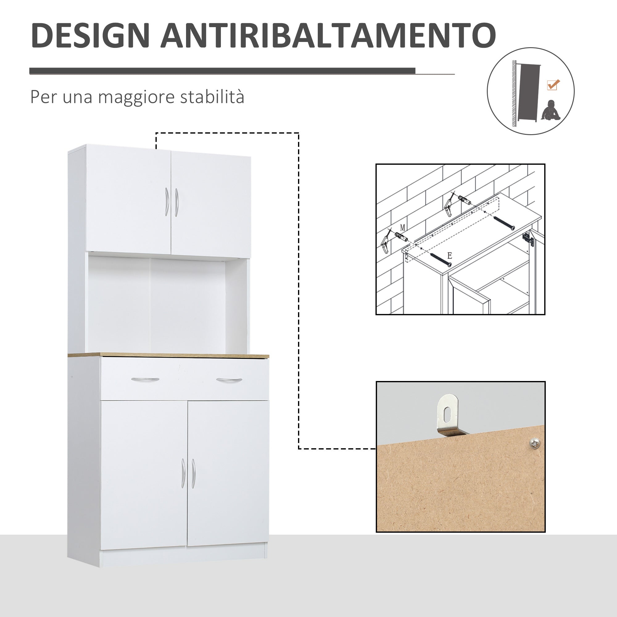 Easycomfort Credenza Cucina con Armadietti a 2 Ante e Cassetto in Legno, 80x40x180cm, Bianco