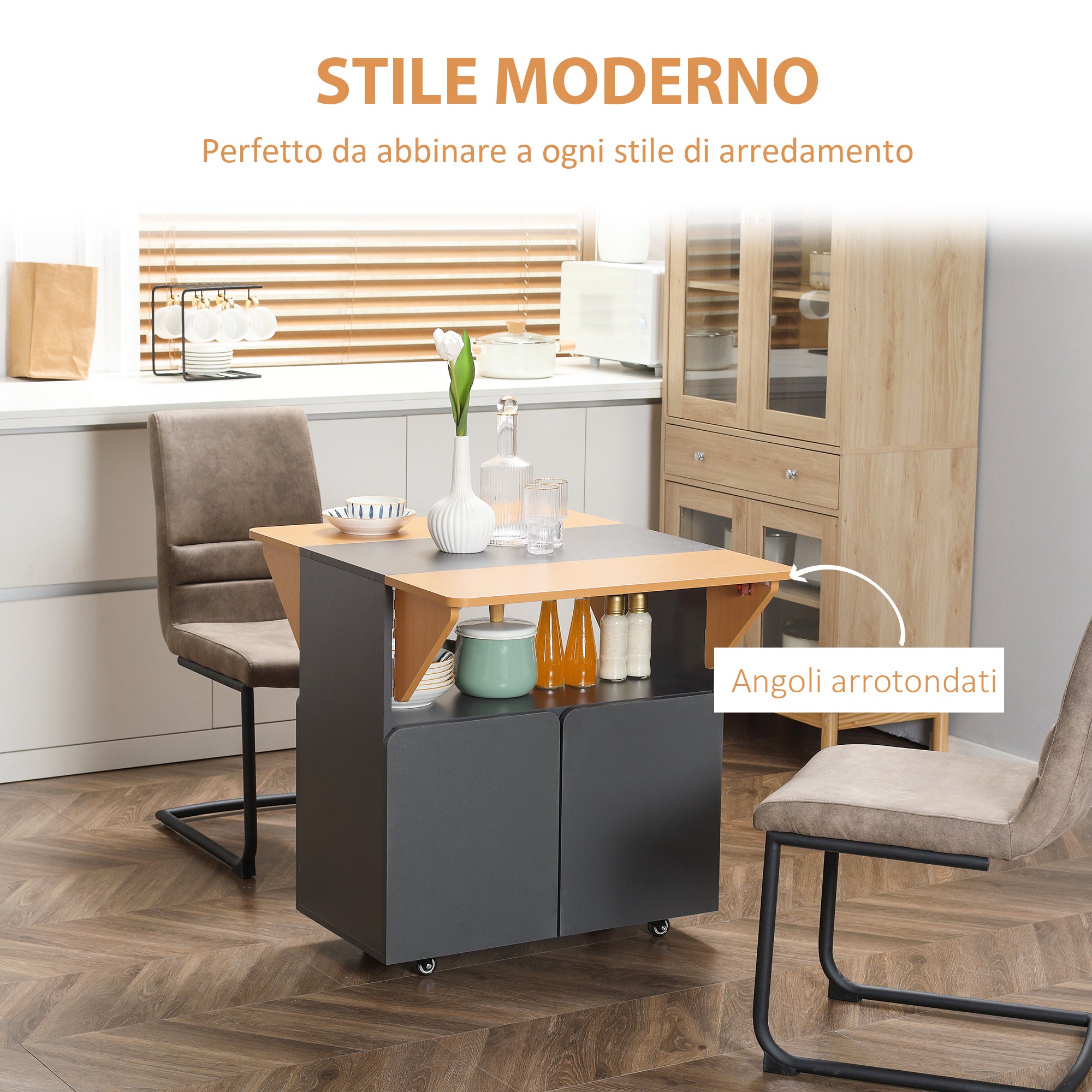 EASYCOMFORT  Tavolo Pieghevole Salvaspazio per 4 Persone max con 4 Ruote, Ripiano Nascosto e Armadietto con Ante, 70x83x75 cm