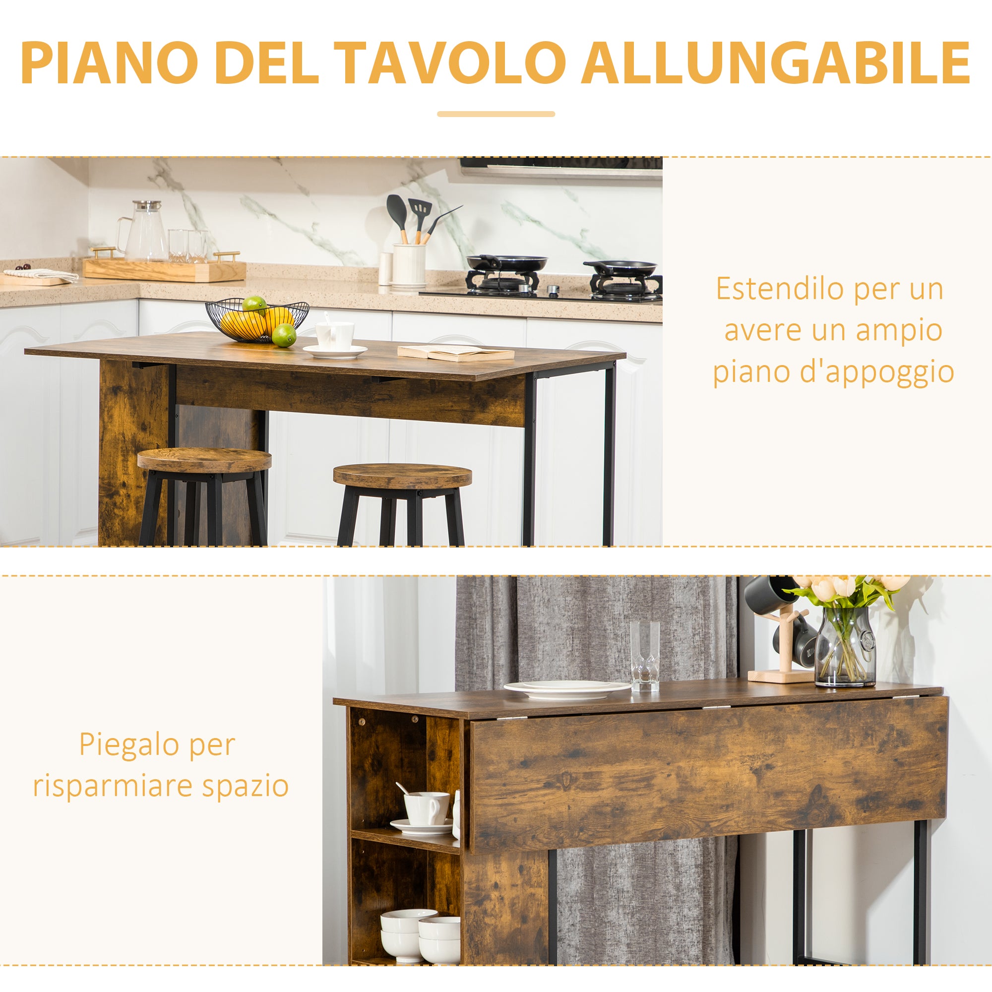 EASYCOMFORT  Bancone Bar Pieghevole Stile Industriale con Scaffale a 3 Ripiani, 120x76x91.4cm