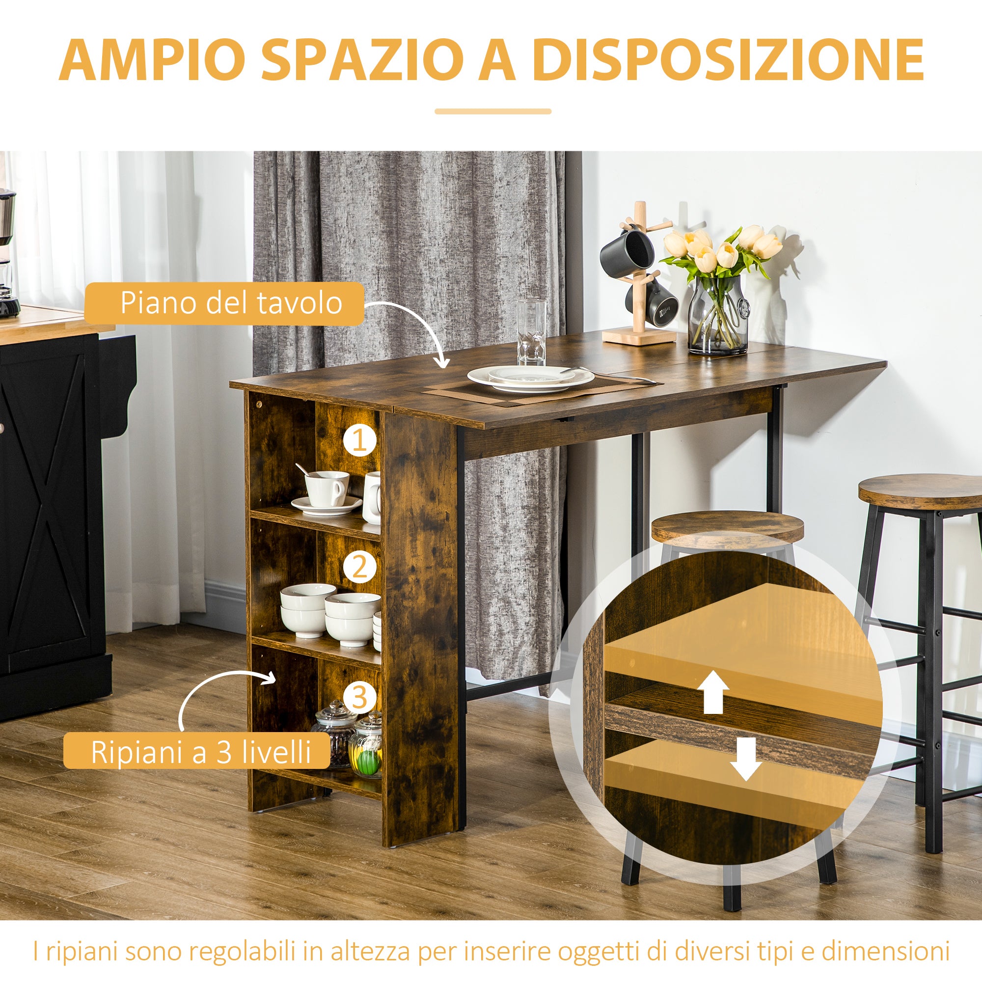 EASYCOMFORT  Bancone Bar Pieghevole Stile Industriale con Scaffale a 3 Ripiani, 120x76x91.4cm