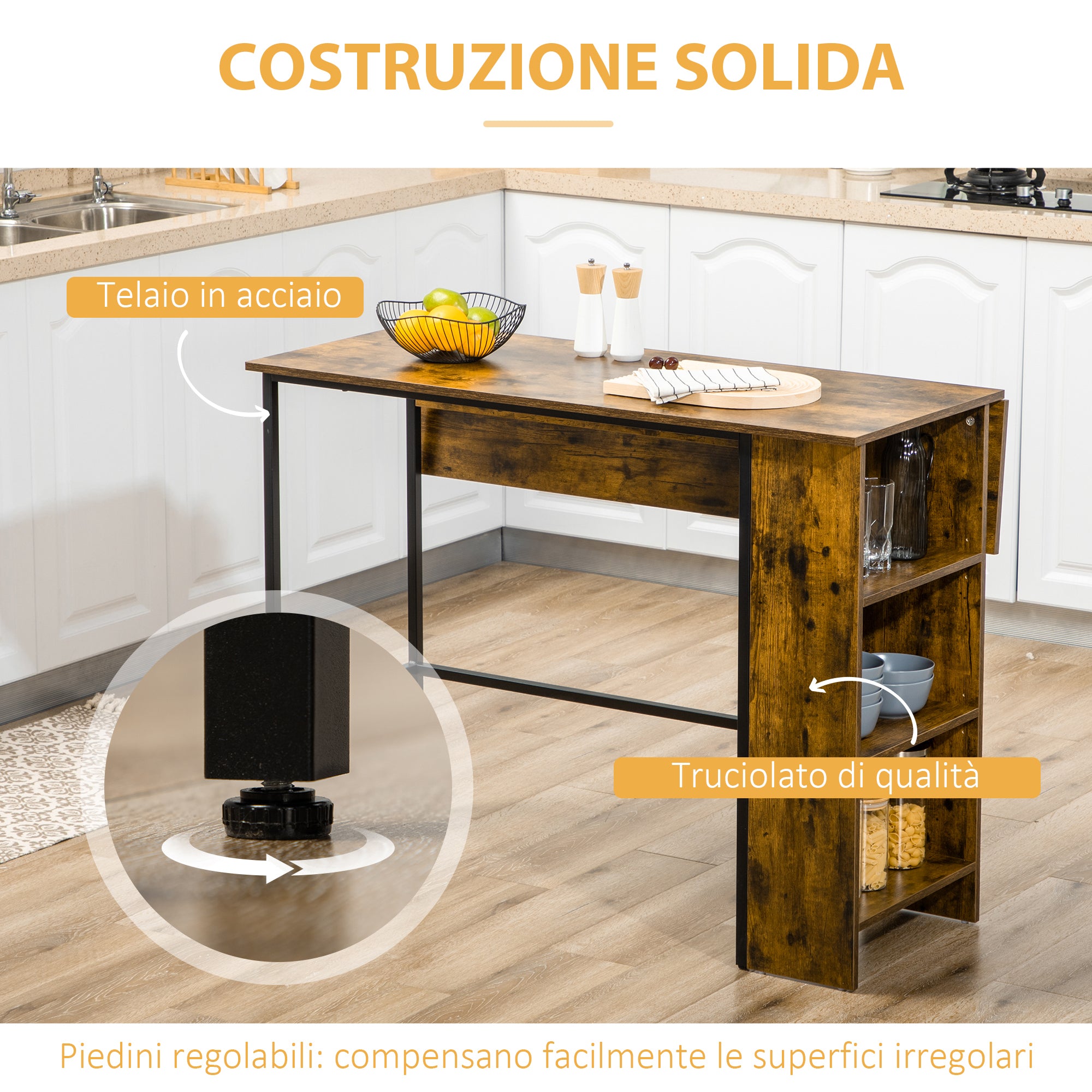 EASYCOMFORT  Bancone Bar Pieghevole Stile Industriale con Scaffale a 3 Ripiani, 120x76x91.4cm