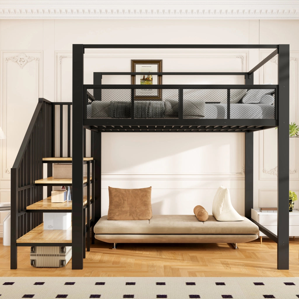 Letto a soppalco alto in metallo 140x200 cm con scala contenitore, baldacchino e rete di sicurezza, nero