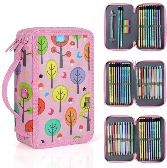 Etiuccio 3-comparto con 52 compartimenti grande capacità etui per scuola etui per matite etui per ragazzi età scolastica ufficio ragazzi ragazze - colore rosa