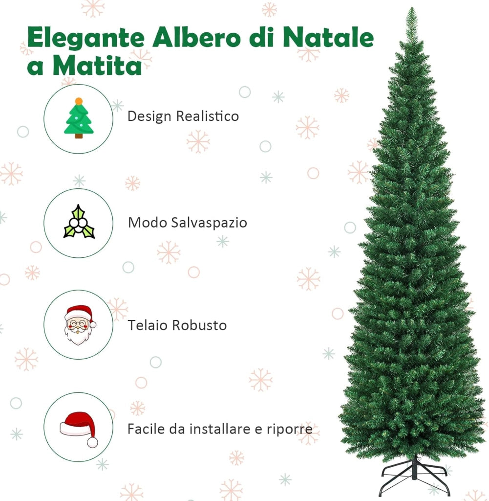 Albero di Natale Slim 150/180/210/240/270 cm, Albero di Natale Artificiale con 220/400/700/1000/1500 Rami e Base in Metallo, Decorazioni Natalizie per Casa e Negozio (210 CM)