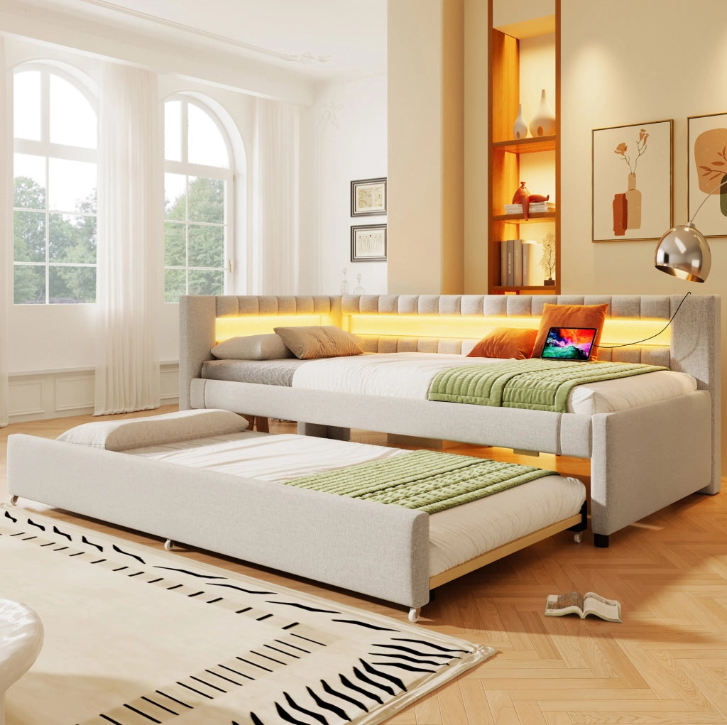 Letto da giorno beige 90x200 cm con letto estraibile, LED e USB-C