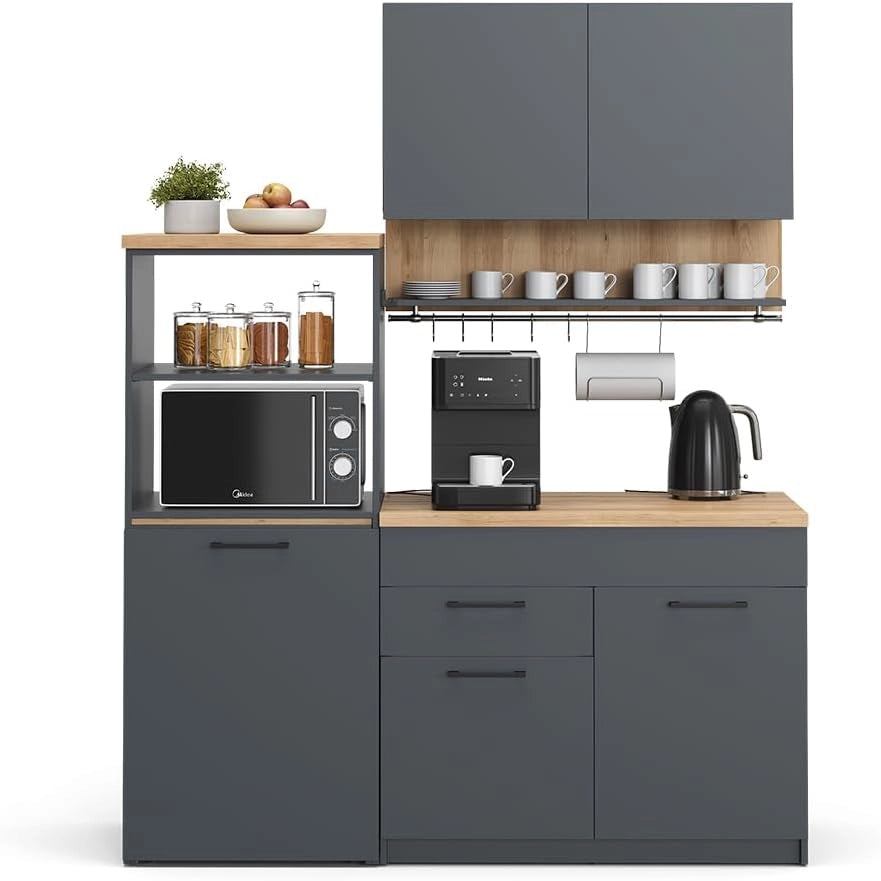 Cucina singola Egbert, Antracite, 160 cm con tavolo allungabile, con asciuga piatti integrato e ripiani laterali