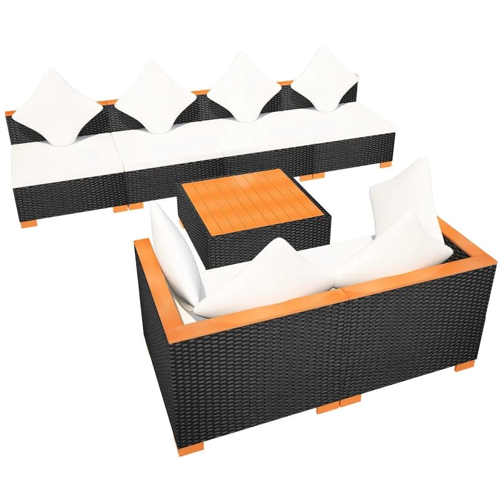 Set Divani da Giardino 7 pz con Cuscini in Polyrattan Nero