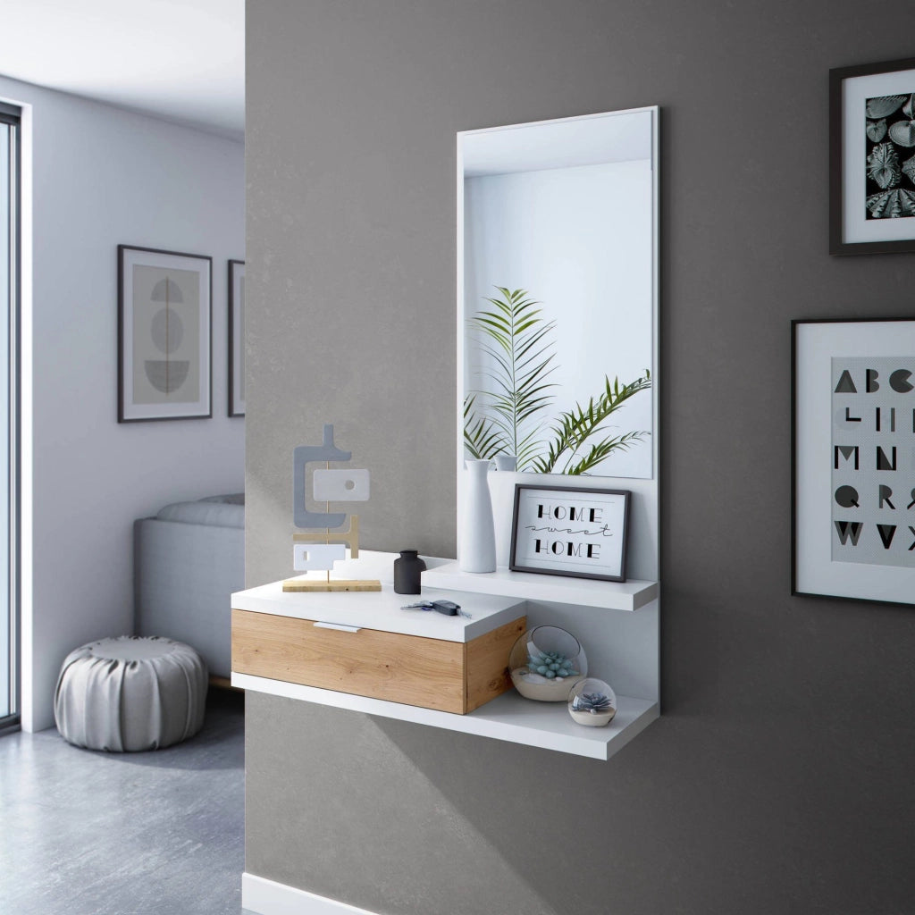Mobile da ingresso Adina, Entratina con specchio, Mobile per atrio con cassetto, Svuotatasche per piccoli appartamenti, cm 81x29h116, Bianco e Rovere nodi