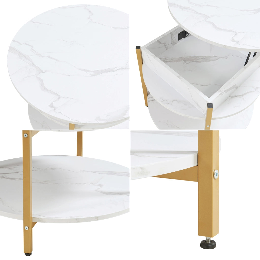 Tavolino da Caffè Kandas con Piano Rotondo Sollevabile (ØxA): 70x49 cm - Effetto Marmo Bianco [en.casa]