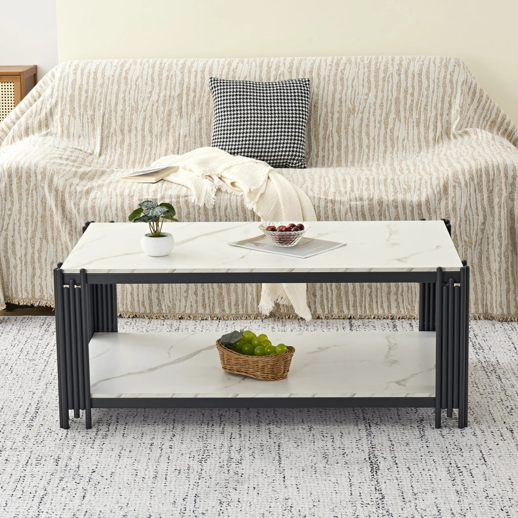 Tavolino da caffè con 2 ripiani - per soggiorno - in MDF e metallo - 114 x 64 x 46 cm - bianco e nero