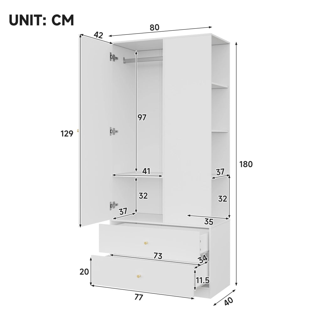 Armadio con specchio; 1 anta; 2 cassetti e 4 vani - per camera da letto - 80×40×180 cm