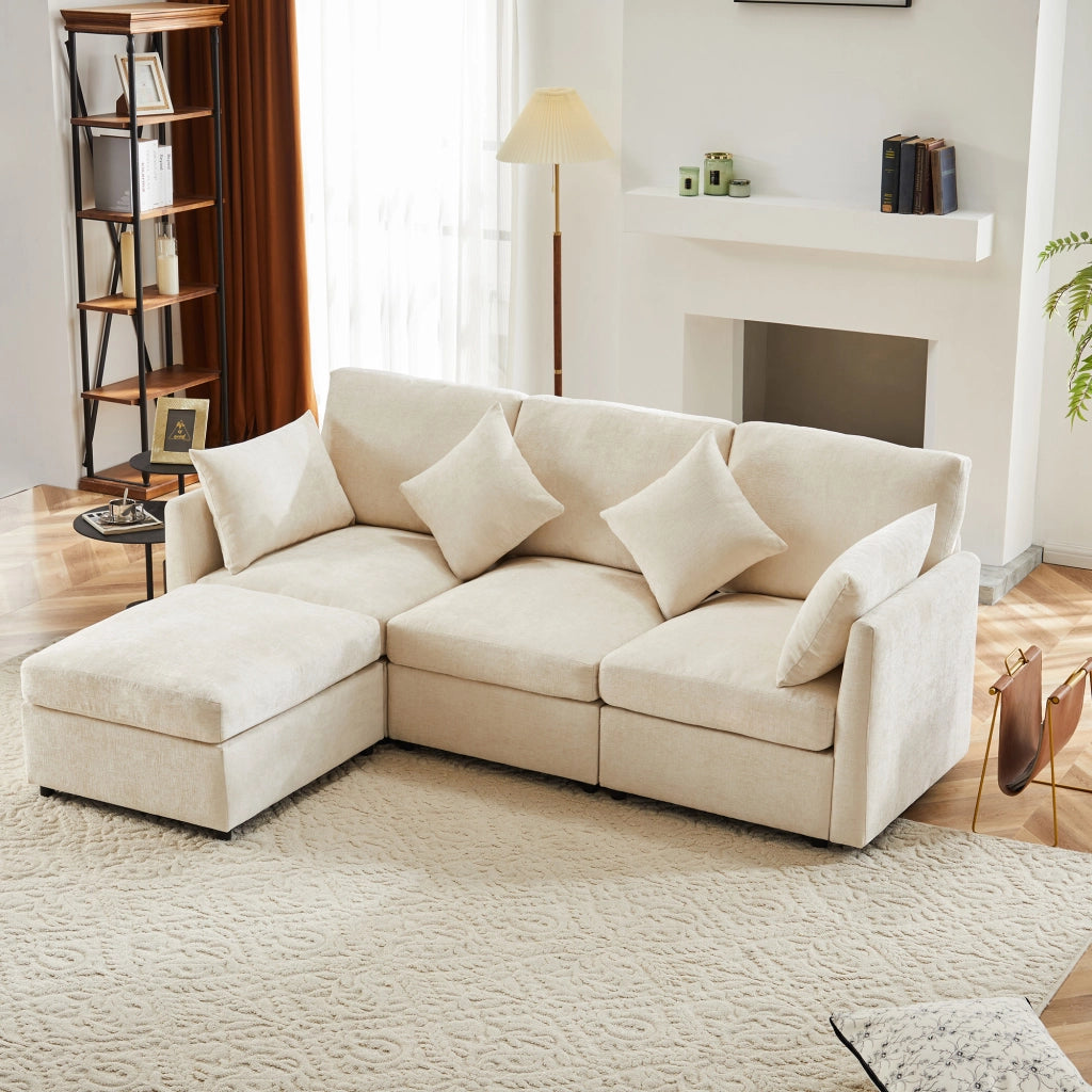 Divano Angolare Reversibile 3-4 Posti con Pouf Mobile; Cuscini Inclusi; Seduta Ergonomica in Ciniglia Beige