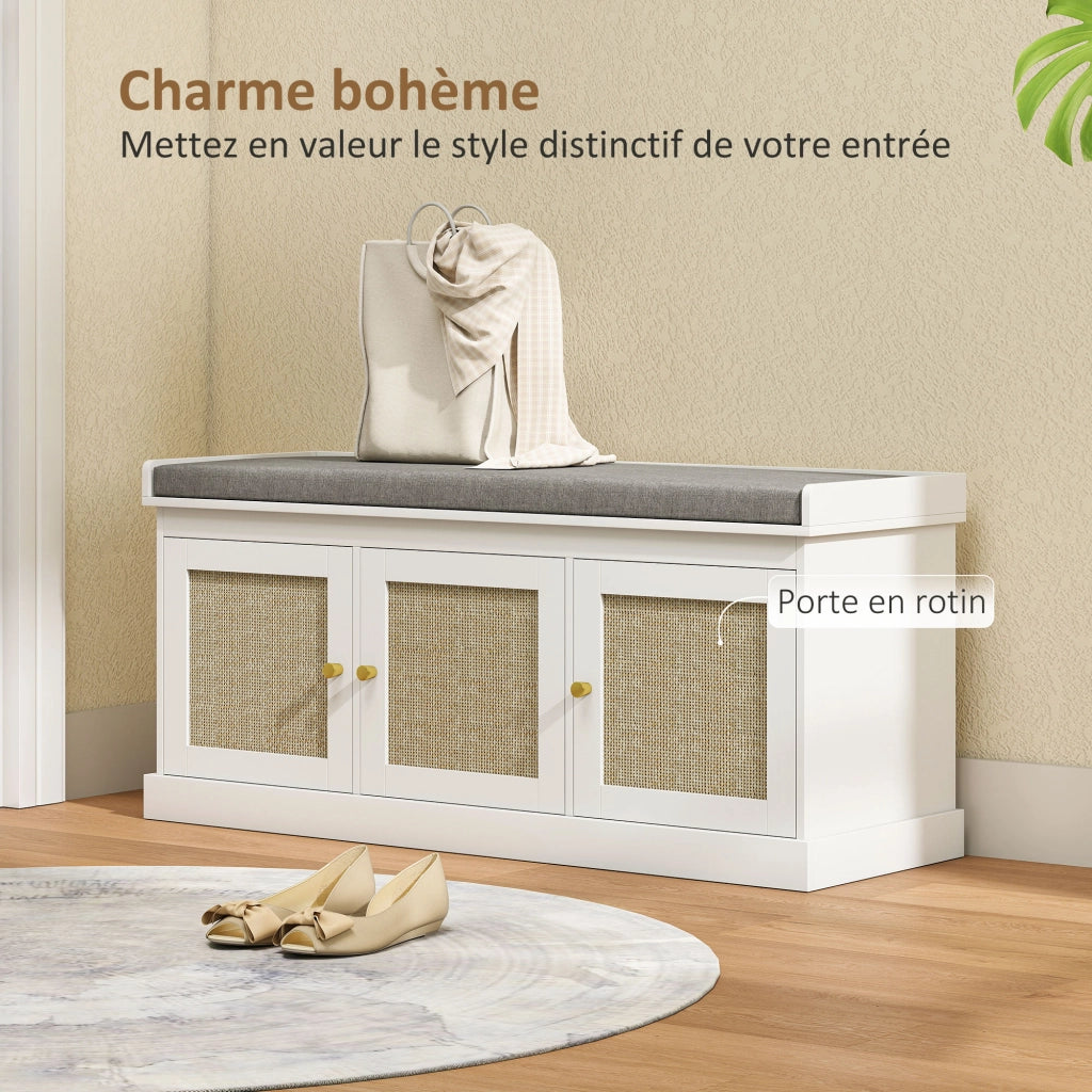 Panca portascarpe con 3 ante in rotin, 9 paia, ripiani regolabili e cuscino ¨C Xylo ¨C Bianco 105x35x47cm
