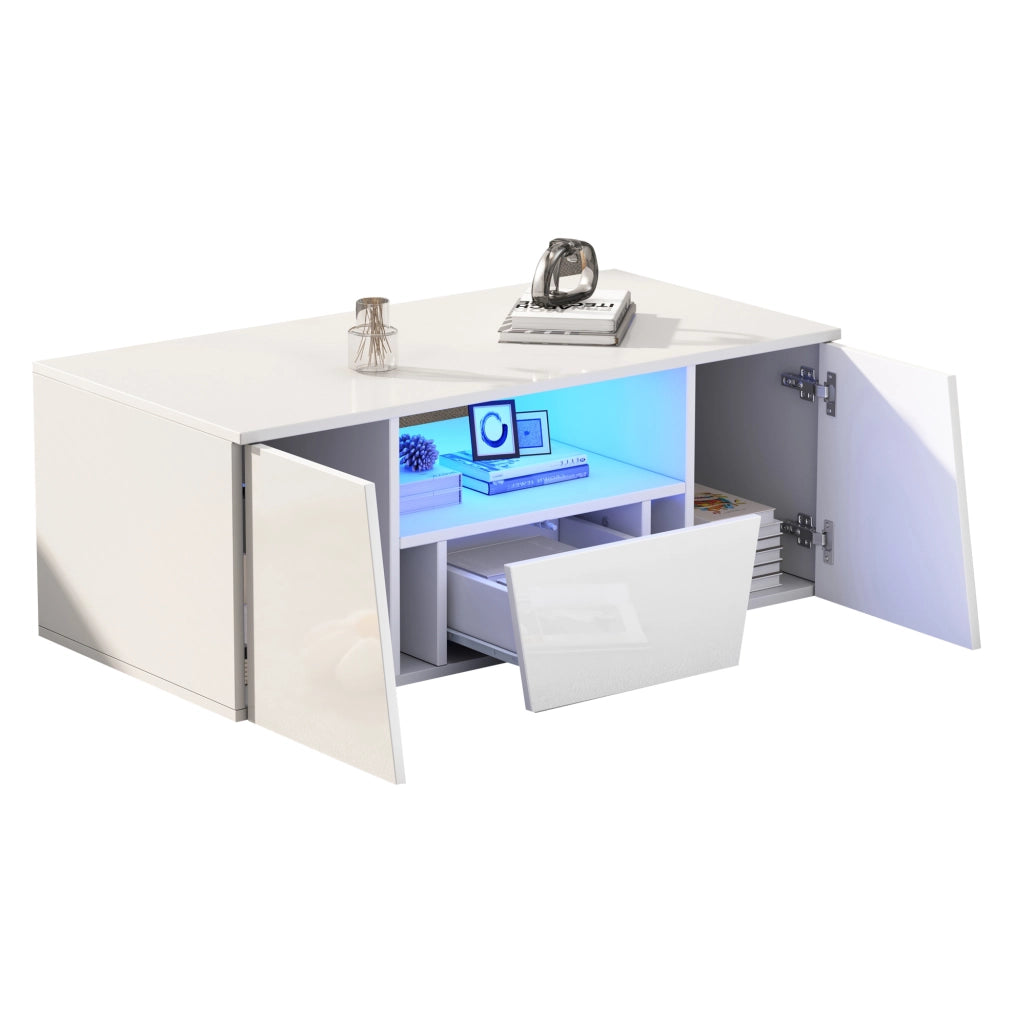 Tavolino da caffè 100 x 50 x 40 cm in truciolare bianco con LED e 2 armadietti