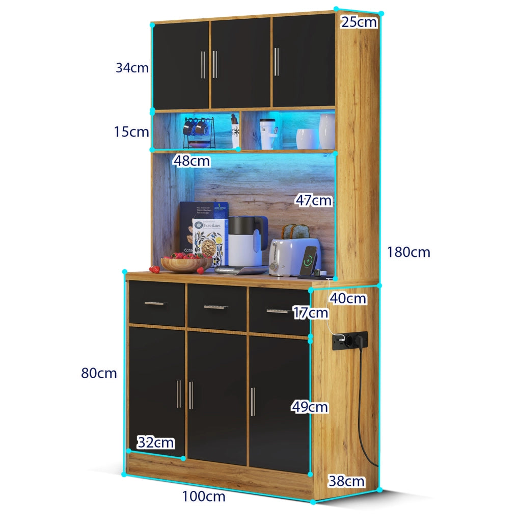 Buffet cucina 100x40x180 cm con LED; prese USB; cassetti e ripiani regolabili; naturale e nero