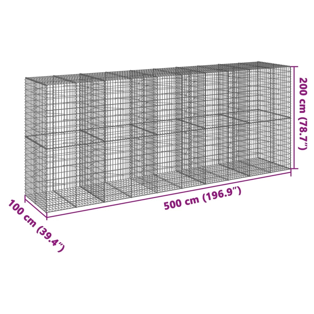 Gabbione recinto a gabbia muro di contenimento con coperchio 500 x 100 x 200 cm ferro zincato argento 02_0040171