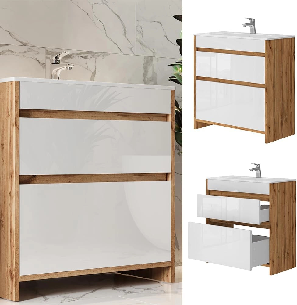 Mobiletto per lavabo Detmold, Quercia dorata, 2 parti, mobile base 80 cm, composto da mobile sottolavabo e lavabo