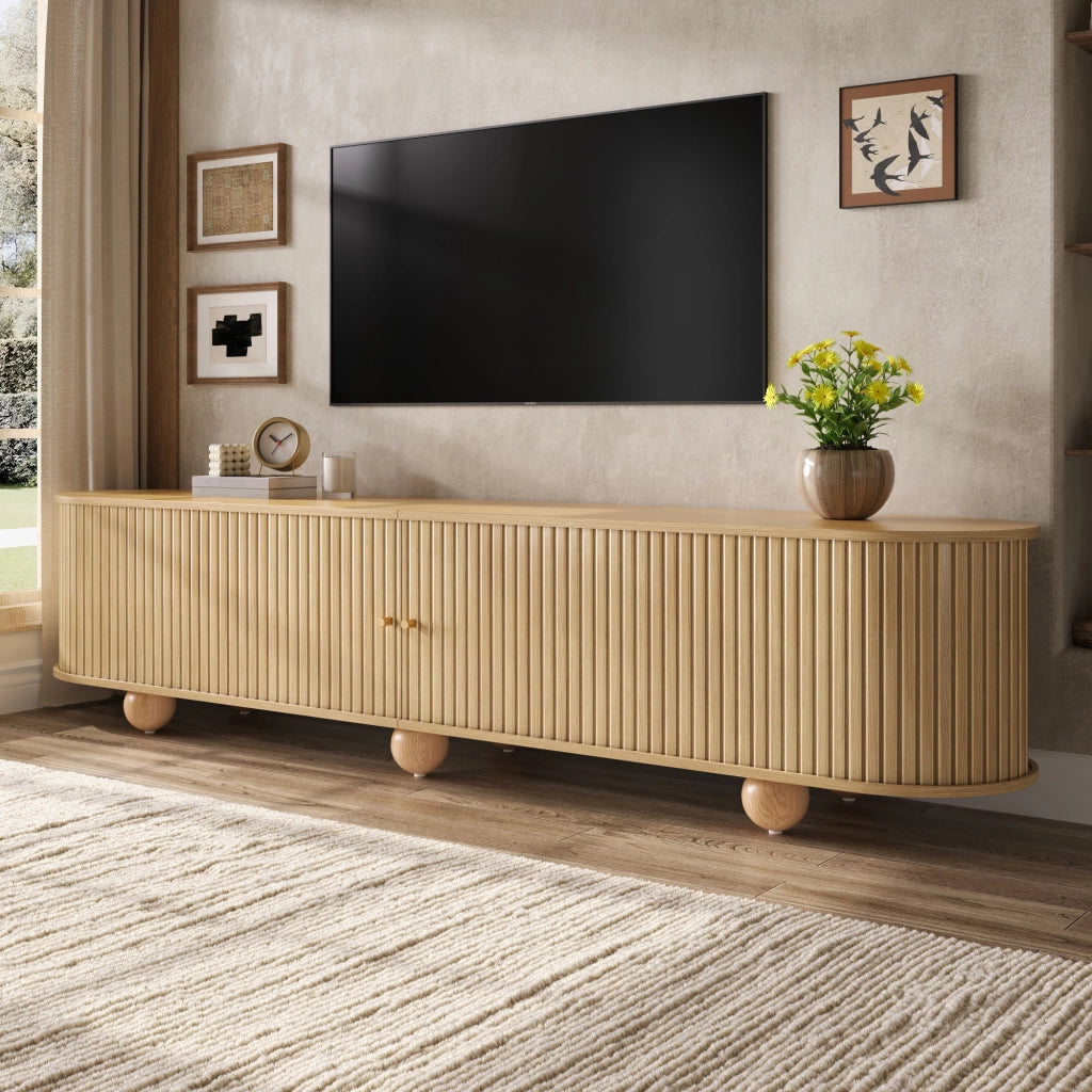 Mobile porta TV con 2 ante scorrevoli e 4 vani, stile retrò, per soggiorno, in MDF, naturale, 180 × 35 × 45 cm