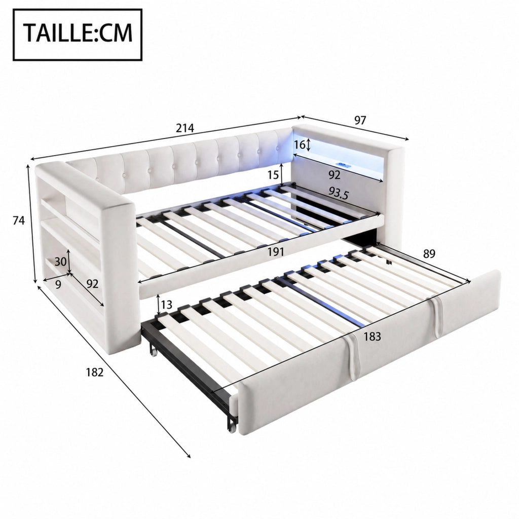 DESMIU Divano letto 90/180 × 190 cm 2 posti con LED, prese e vani portaoggetti, senza materasso, beige