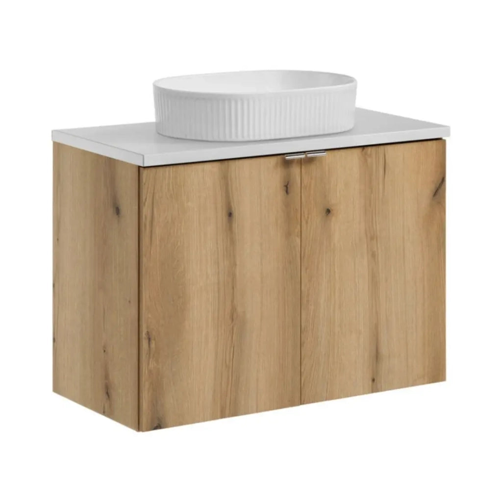 Set VANO effetto quercia e bianco 80cm: mobile sotto lavabo con ante + piano per lavabo + lavabo da appoggio scanalato bianco