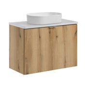 Set VANO effetto quercia e bianco 80cm: mobile sotto lavabo con ante + piano per lavabo + lavabo da appoggio scanalato bianco