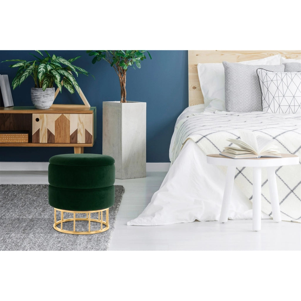 Pouf contenitore Zero in velluto verde e metallo dorato