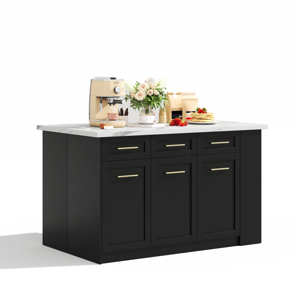 Isola da Cucina Nera 150/246x90x90 cm con Tavolo Estraibile 96 cm; Piano Effetto Marmo; 6 Cassetti e Ripiani