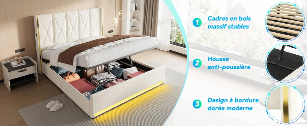 Letto Contenitore Imbottito con LED, USB e Sollevamento Idraulico ¨C MINIMAL ¨C Velluto, 180x200