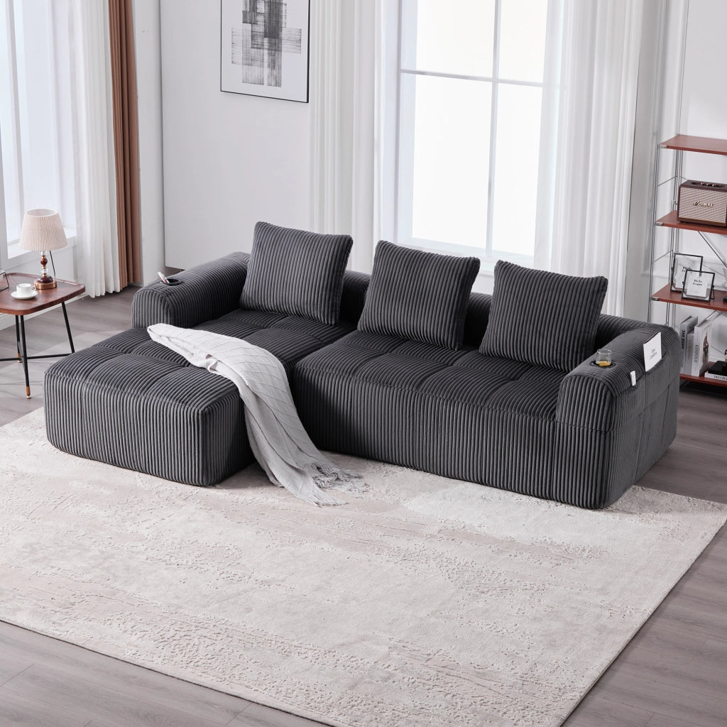 DIVANO modulare 253x158x61 cm tessuto a coste grigio scuro