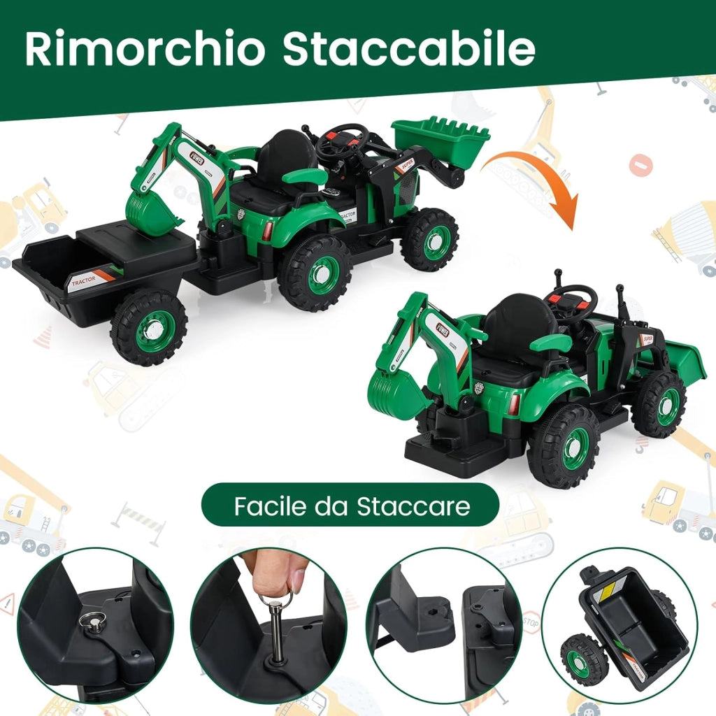 4 in 1 Trattore Elettrico per Bambini, Trattore Cavalcabile per Bambini 3-8 Anni con Telecomando Rimorchio e Cucchiaia Staccabile, Velocità Regolabile, Doppi Motori (Verde)